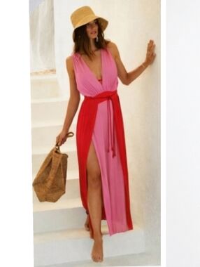 VIX Paula Hermany Maxi Dress Brigite Cover Up M Resortwear Colorblock NEW